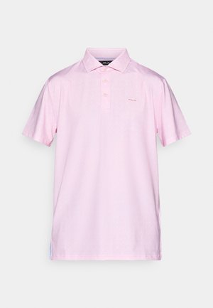 Tricou polo scurt, de culoare roz deschis pentru bărbați, cu un model subtil, trei nasturi și un mic logo RLX pe pieptul stâng.