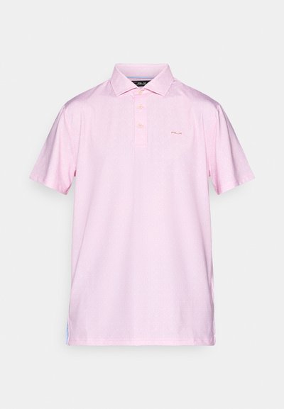 Moška polo majica s kratkimi rokavi v svetlo roza barvi z diskretnim vzorcem, tremi gumbi in majhnim RLX logotipom na levem prsnem delu.