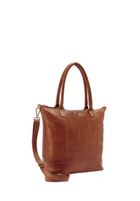 Bolso tote de cuero marrón con dos asas superiores y una correa ajustable para el hombro. Textura lisa, diseño minimalista y acentos de hardware en dorado.
