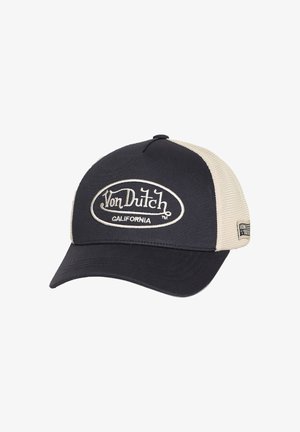 Schwarze und beige Von Dutch California Trucker-Cap mit Netzrücken und gesticktem Logo auf der Vorderseite sowie seitlichem Patch.