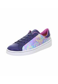 Purple leather sneaker featuring an iridescent side panel, white sole, and contrasting pink interior. Laced with six pairs of eyelets.