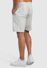 Pantalones cortos deportivos de color gris claro con cintura elástica, bolsillos laterales, tejido transpirable y un sutil panel texturizado en los lados.