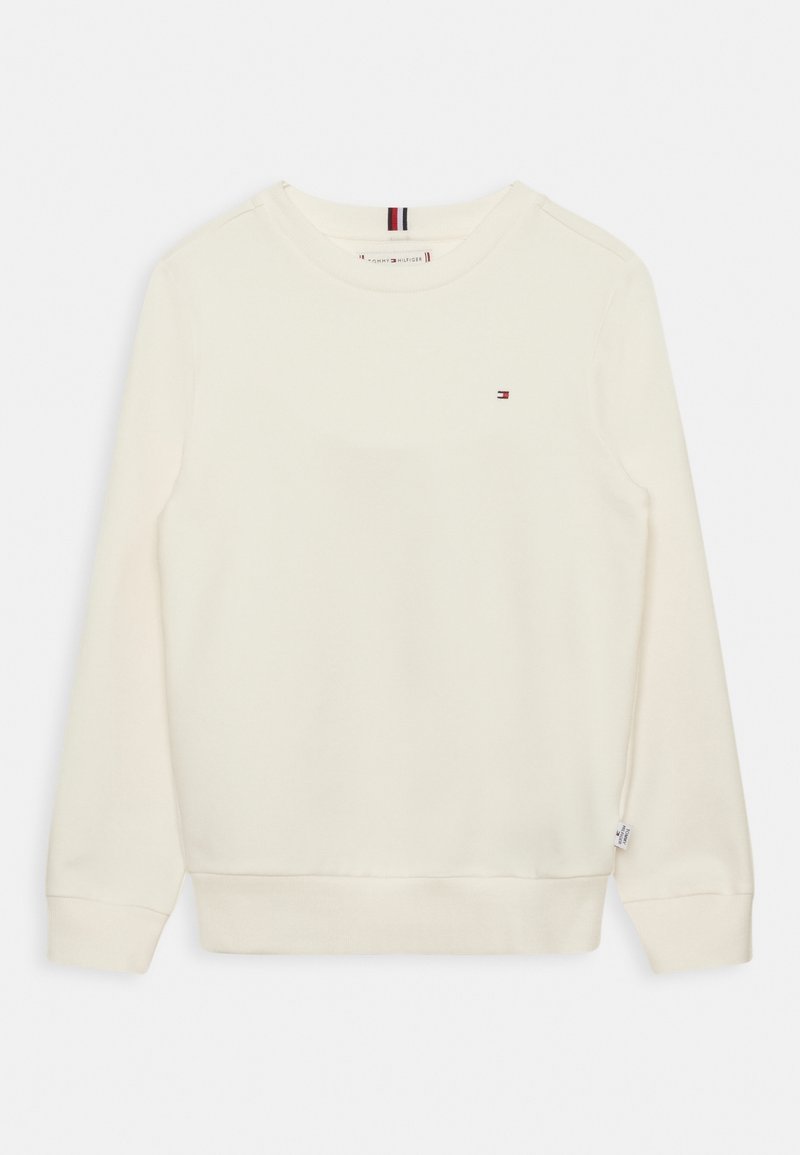 Sweat-shirt crème à manches longues avec un petit logo drapeau Tommy Hilfiger sur la poitrine et des poignets et un ourlet côtelés.