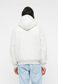 Sweat-shirt gris clair avec une capuche, doté d'une texture douce et de poignets côtelés. Porté avec un jean bleu clair, affichant une silhouette décontractée.