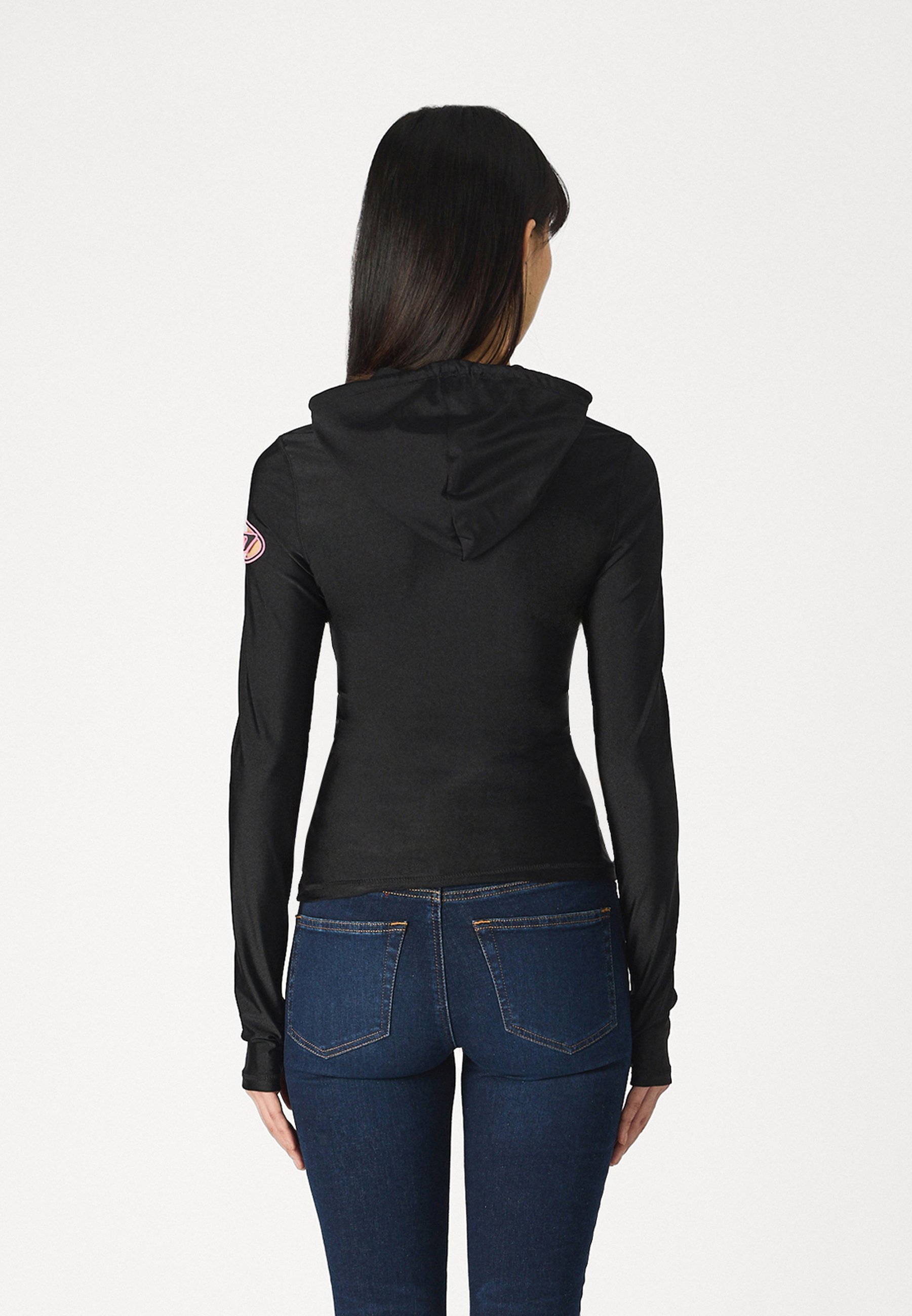 トップス 00s DIESEL bondage mesh long top black Women's Hoodie in shiny stretch nylon | Black | Diesel