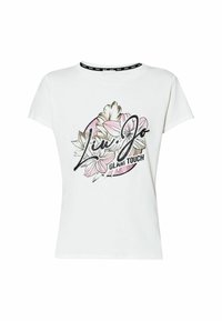 T-shirt bianco a maniche corte con un design floreale in rosa e nero, con il testo "LIU JO GLAM TOUCH" in un carattere prominente e stilizzato.