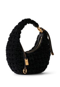 Black woven velvet handbag with a curved shape, gold hardware accents, a zippered closure, and a braided handle. Textured surface detail visible.
