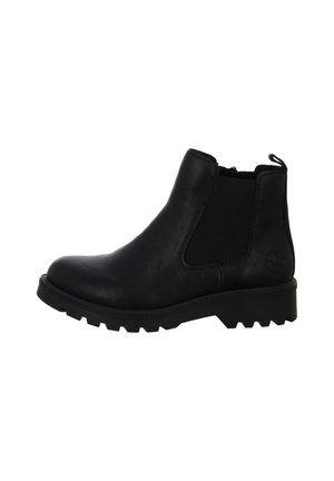 Schwarzer Leder-Knöchelboot mit elastischen Seitenteilen, robuster Sohle und Zuglasche an der Rückseite für einfaches An- und Ausziehen.