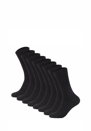 Set aus acht schwarzen Socken aus einem weichen Stoff, mit geripptem Bündchen und glatter Textur. Standard Crew-Längen-Design.