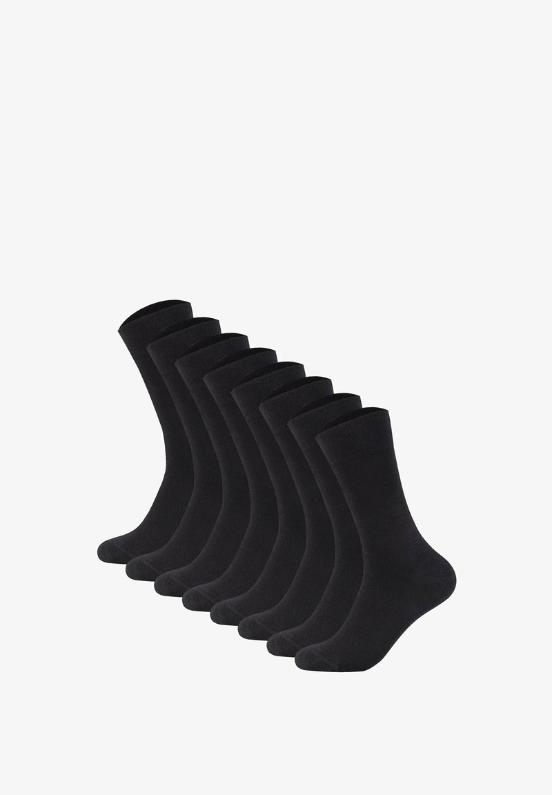 Sæt bestående af otte sorte sokker lavet af et blødt stof, med en ribbet manchet og glat tekstur. Standard længde i crew-design.