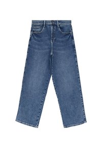 Jeans de mezclilla azul de pierna ancha con un diseño clásico de cinco bolsillos, cierre de botón y un ligero desvanecimiento. Costuras gruesas a lo largo de las costuras.