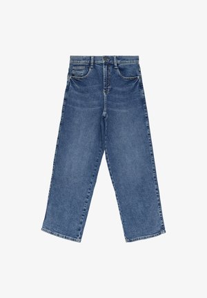 Modré denimové široké nohavice s klasickým dizajnom piatich vreciek, zapínaním na gombík a miernym vyblednutím. Hrubé stehy pozdĺž švov.