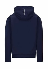 Temno modra kapuca s vrvico, rebrastimi manžetami in robom, vsebuje podrobnosti logotipa v kontrastni barvi na rokavih in hrbtu.