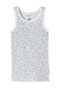 White tank top featuring a floral pattern with pink hearts and green leaves. Made from organic cotton with a round neckline and sleeveless design.