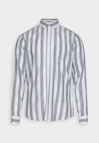Camicia a righe con bottoni in lino bianco e grigio, con maniche lunghe, colletto classico e dettagli sottili con bottoni sui polsini.