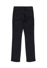 Vaqueros de mezclilla negra con un diseño de pierna recta, estilo de cinco bolsillos y cinturilla estándar con pasadores para cinturón. Textura suave con detalles mínimos.
