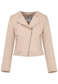 Beżowa skórzana kurtka motocyklowa z ukośnym zamkiem błyskawicznym, zapięciem na zatrzaski, dwoma bocznymi kieszeniami i krótszym krojem. Gładka faktura i dopasowany fason.