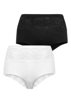 Twee paren dames hoge taille slipjes, één in het zwart en één in het wit, beide met kantdetails bij de tailleband. Zacht, rekbaar materiaal.