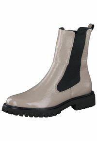 Buty wykonane z błyszczącego szarego materiału syntetycznego, z czarną elastyczną panelą boczną, okrągłym noskiem i wytrzymałą czarną gumową podeszwą.