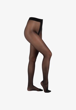 Schwarze transparente Strumpfhosen mit elastischem Bund, glatter Textur und semi-transparentem Finish, die von der Taille bis zu den Füßen reichen.
