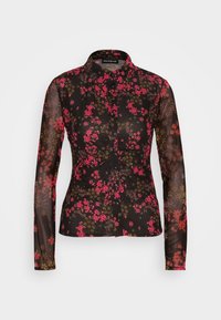Chemise noire ajustée à manches longues avec boutons, imprimé floral rose et jaune, manches transparentes et col classique.