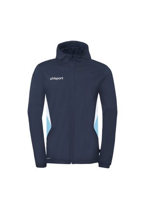 Marineblauw zipvest met capuchon en "uhlsport"-logo, lichtblauwe en witte zijpanelen, en twee voorzakken.