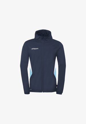 Marineblauw zipvest met capuchon en "uhlsport"-logo, lichtblauwe en witte zijpanelen, en twee voorzakken.