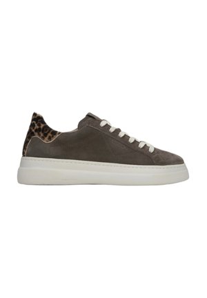 Gray suede sneaker with white rubber sole, contrasting leopard print accent at heel, and cream laces. Simple, streamlined design.