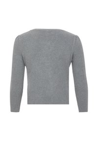 Maglione grigio a coste con maniche lunghe e scollatura rotonda, caratterizzato da una texture verticale e una vestibilità aderente. Vista posteriore mostrata.