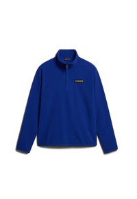 Blauwe fleece pullover met een hoge kraag en halve ritssluiting. Voorzien van een klein merklabel op de borst. Soepele textuur en een relaxed fit.