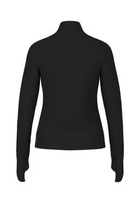 Schwarzes Langarmoberteil mit hohem Kragen, glatter Textur und tailliertem Schnitt. Keine sichtbaren Muster oder Beschläge. Einfacher und minimalistischer Stil.