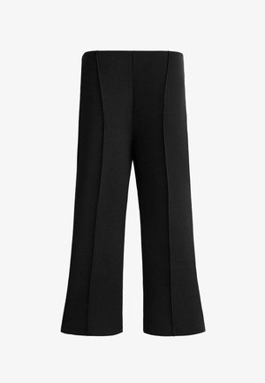 Czarne spodnie z szerokimi nogawkami, wykonane z miękkiego materiału, z pionowymi detalami szwów i gładką talią. Prosty krój z płynącą sylwetką.
