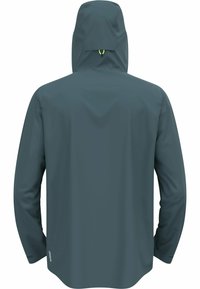 Water-resistant jacket in dark teal, featuring a hood, long sleeves, and a streamlined design. Material has a smooth, matte texture.