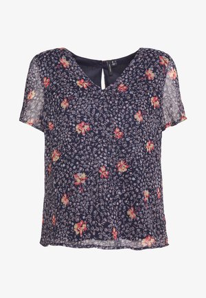 Marineblauwe blouse met korte mouwen en V-hals, met een delicaat roze en wit bloemenmotief en doorschijnende stof op de mouwen.