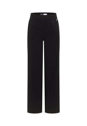 Schwarze, weit geschnittene Hose mit elastischem Bund, ohne sichtbare Taschen oder Verzierungen, dargestellt vor einem schlichten weißen Hintergrund.