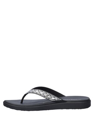Zwarte teenslipper met gevoerde zool en decoratieve zilveren en witte geometrische kralen op het bandje.