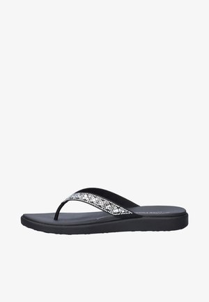 Zwarte teenslipper met gevoerde zool en decoratieve zilveren en witte geometrische kralen op het bandje.