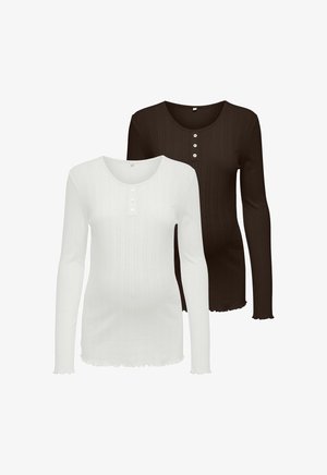 Dva dukserice s dugim rukavima: jedna bijela, a druga tamnosmeđa. Obje imaju rebrastu teksturu, okrugle izreze i tri gumba s prednje strane.