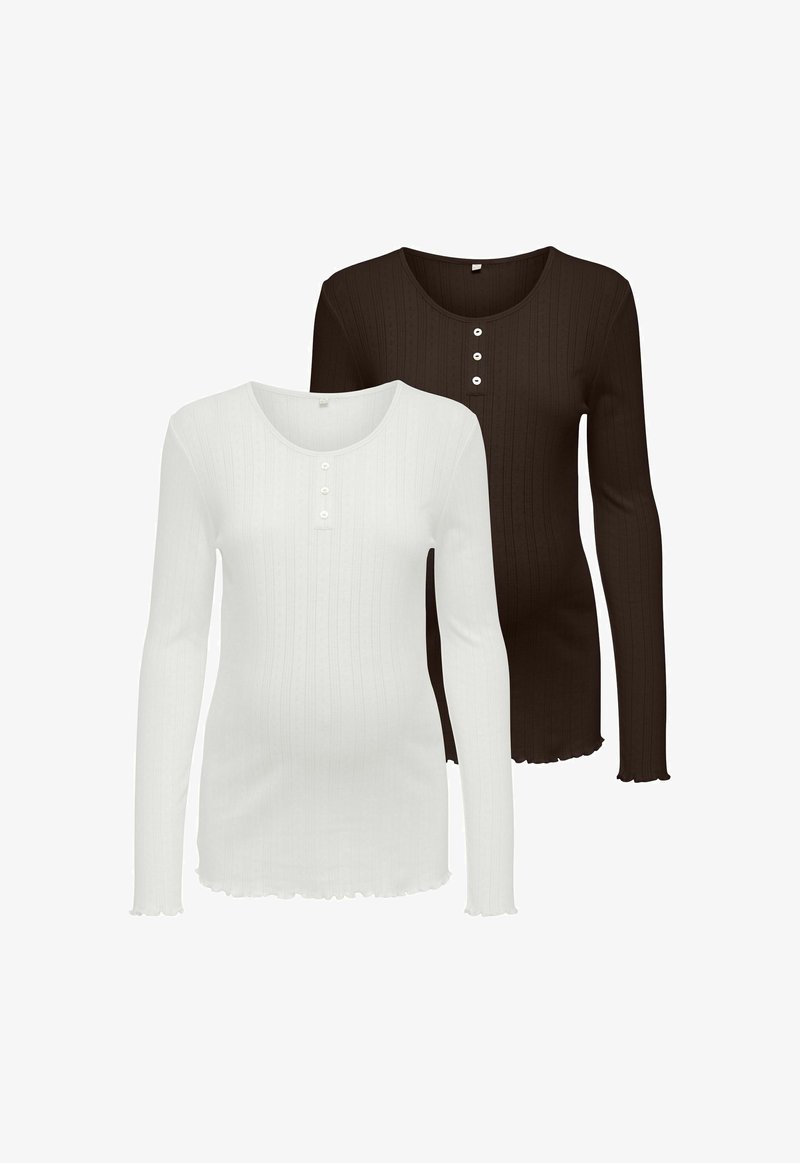 Dos camisetas de manga larga: una blanca y una marrón oscuro. Ambas presentan una textura acanalada, escote redondo y detalles de tres botones en la parte frontal.