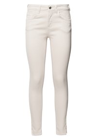 Jean skinny beige en mélange de coton, avec une texture lisse, une conception à cinq poches, et une fermeture avant par bouton avec braguette zippée.
