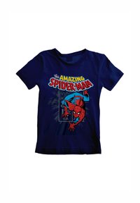 Námořnické modré bavlněné tričko s barevným potiskem Spider-Mana, s výrazným textem "Úžasný Spider-Man" a akcenty v komiksovém stylu.
