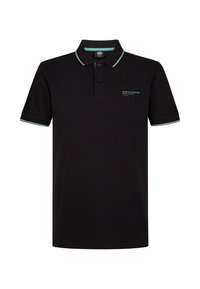 Polo negro hecho de algodón, con un cierre de dos botones, mangas cortas y acentos en tonos teal en el cuello y los puños.