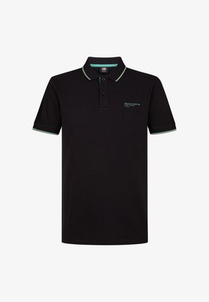 Črna polo majica iz bombaža, z dvema gumboma na placketu, kratkimi rokavi in kontrastnimi teal poudarki na ovratniku in manšetah.