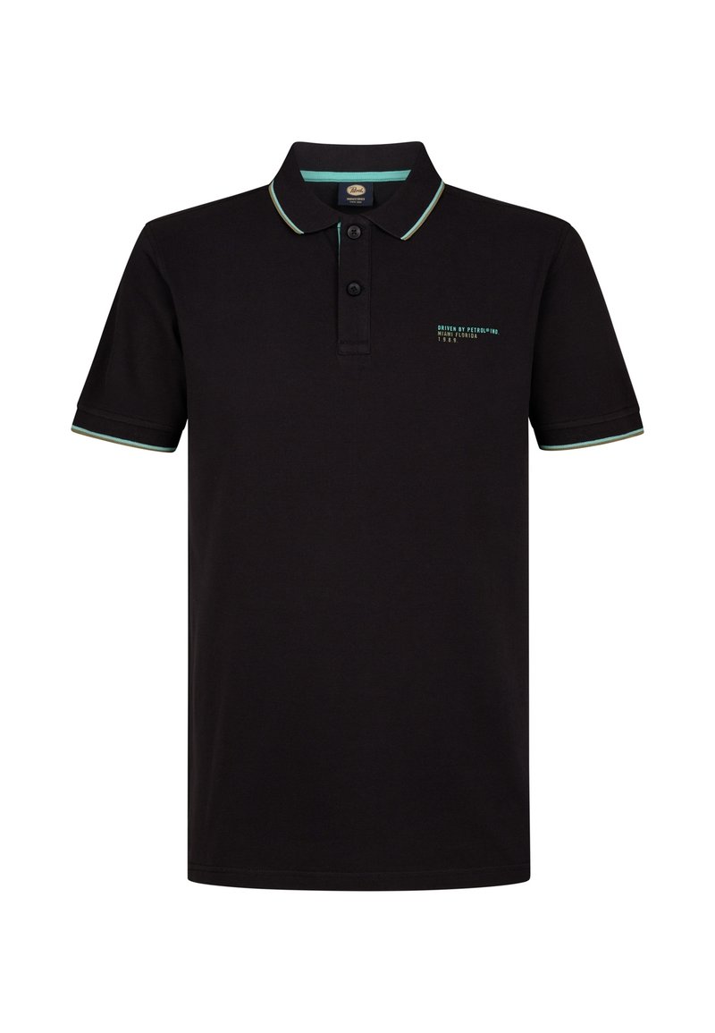 Polo negro hecho de algodón, con un cierre de dos botones, mangas cortas y acentos en tonos teal en el cuello y los puños.