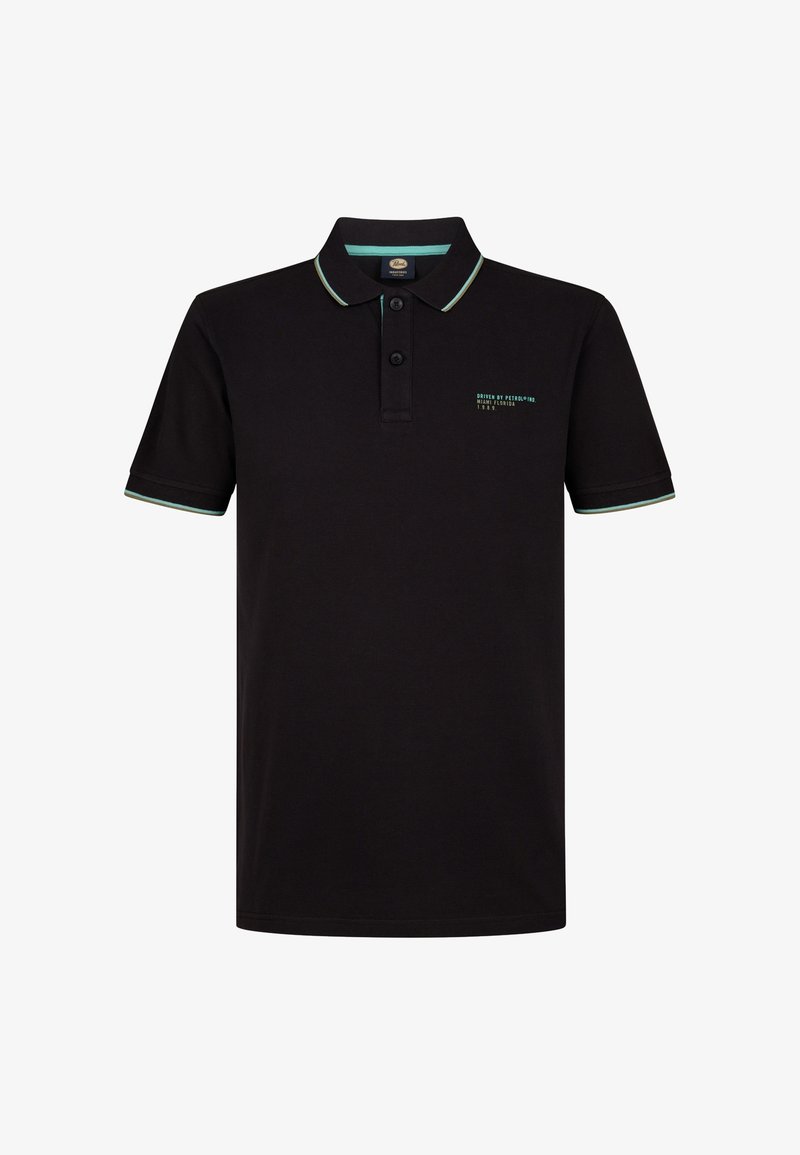 Fekete pamut póló, két gombos gallérral, rövid ujjal, és kontrasztos türkiz díszítéssel a galléron és az ujjakon.