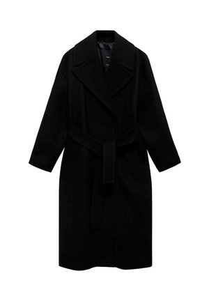 Cappotto di lana nero con colletto a punte, vita con cintura e design di lunghezza media. Presenta maniche lunghe e una texture liscia.