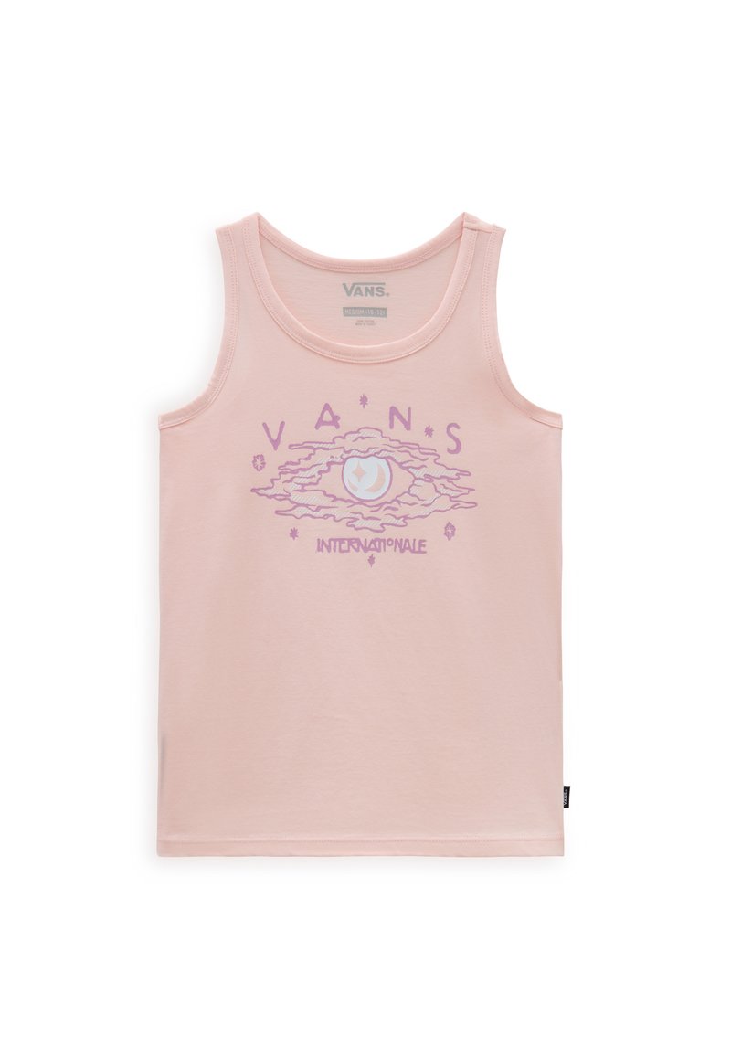 Top de tirantes de algodón rosa con un gráfico de un ojo rodeado de nubes y el texto "VANS INTERNATIONALE" en color púrpura. Diseño sin mangas con escote redondo.
