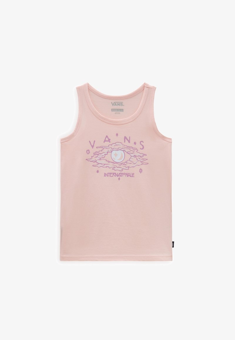 Lyserød bomulds tanktop med et grafisk motiv af et øje med skyer og teksten "VANS INTERNATIONALE" i lilla. Ærmeløs design med rund halsudskæring.