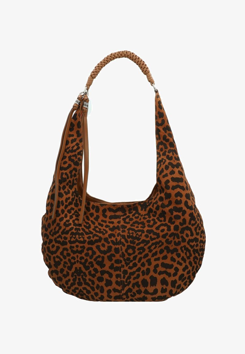 Braune Leopardenmuster-Hobo-Tasche mit einem geflochtenen Schultergurt, glatter Textur, kurvenförmiger Form und schwarzen Akzenten im gesamten Design.
