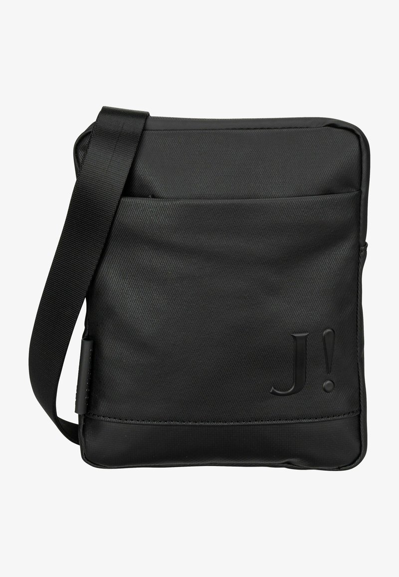 Borsa a tracolla nera con un motivo testurizzato, tasca esterna, tracolla regolabile e logo "J!" impresso sulla parte anteriore. Materiale resistente.